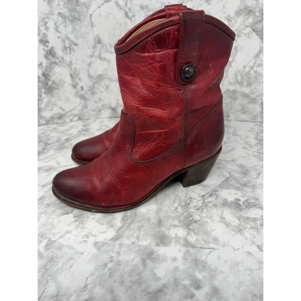 Frye Button ❤️Short‎ Red Leather Boots Boho Whimsigoth Coastal Cowgirl  festival